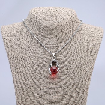 "Ball in Claw" Red Pendant 42x22mm on Chain, Length 70cm +/- Silver-tone Metal