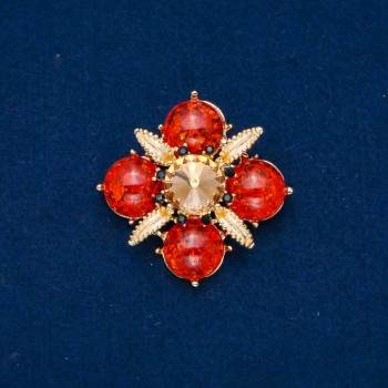 Amber Brooch (Synthetic) with Black Rhinestones, Gold Crystal, and Enamel, Gold-Tone Metal, 48mm+
