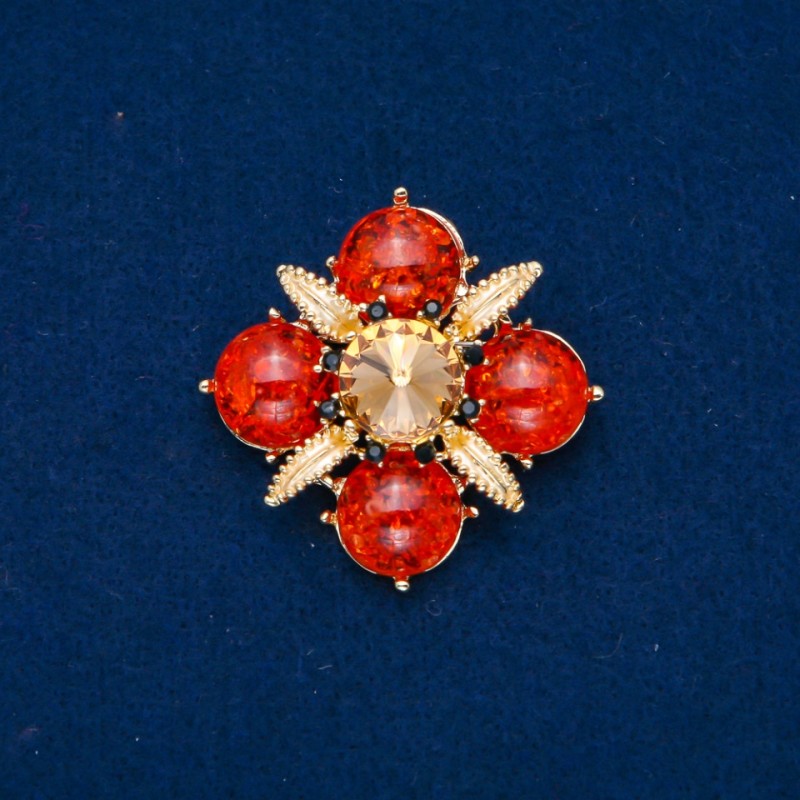 Amber Brooch (Synthetic) with Black Rhinestones, Gold Crystal, and Enamel, Gold-Tone Metal, 48mm+