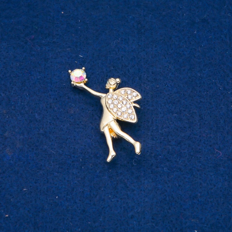 Sale! Fairy Brooch, White and Teal Rhinestones, Gold-Tone Metal 35x24mm +