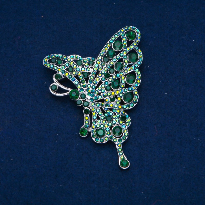 Clearance! Butterfly Brooch with Green and Teal Rhinestones, gold-tone metal 75x50mm +
