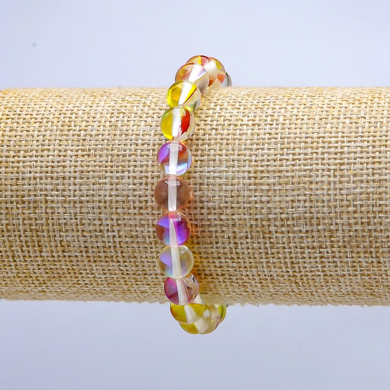 Yellow-Red Chameleon Opal Glass Bracelet on Elastic Band, Smooth Beads, Diameter 8mm, Length 18cm