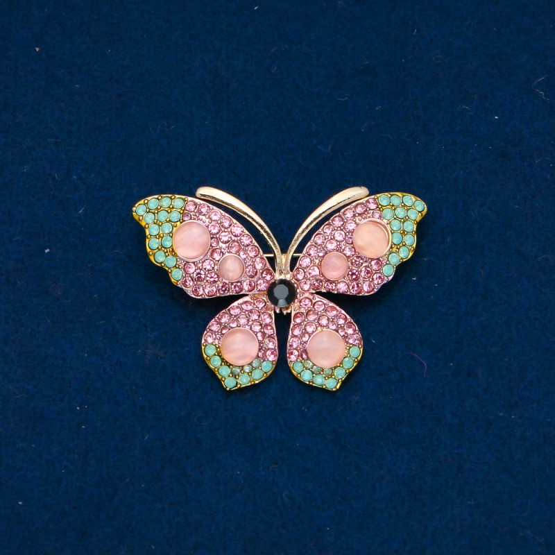 Sale! Butterfly Brooch, Gold-Tone Metal, Pink and Turquoise Rhinestones and Pink Beads, 34x48mm +