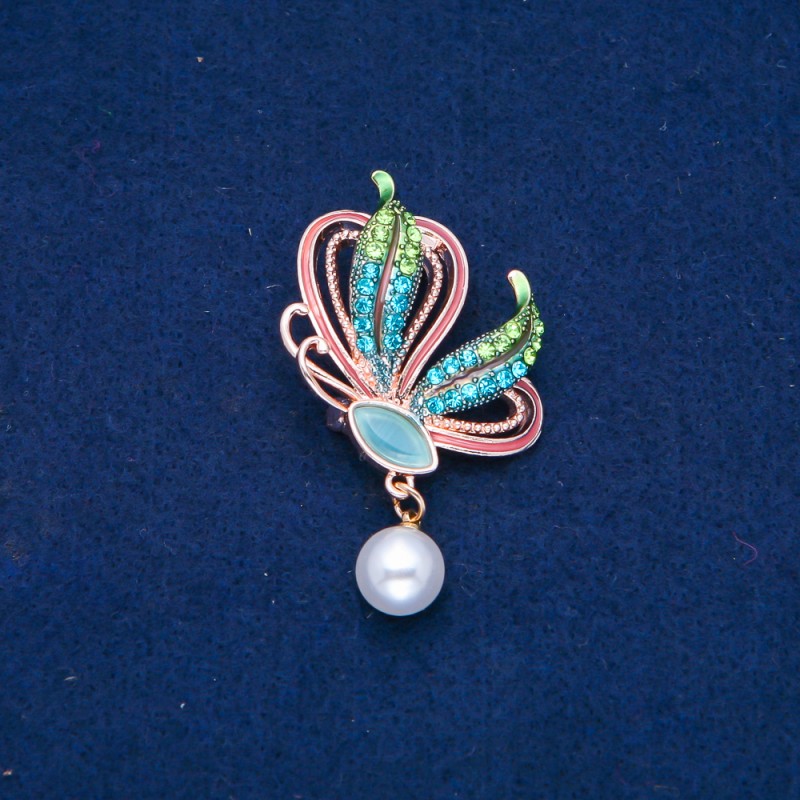 Sale! Butterfly Brooch, Gold-Tone Metal, Enamel, Bead, Green and Blue Rhinestones, 35x40mm +