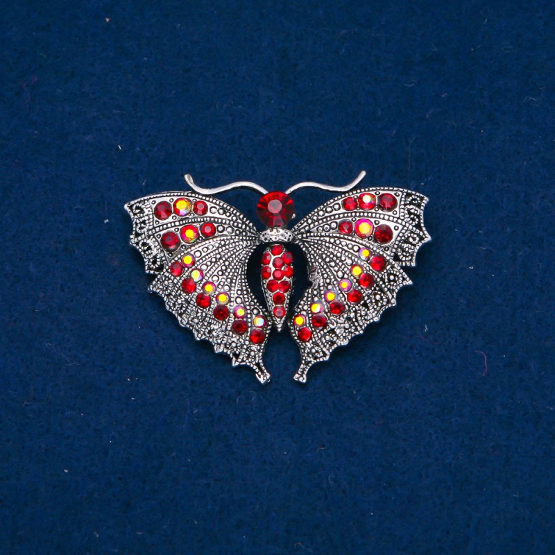 Sale! Butterfly Brooch, Silver-Tone Metal, Burgundy and Petrol Rhinestones, 35x50mm +