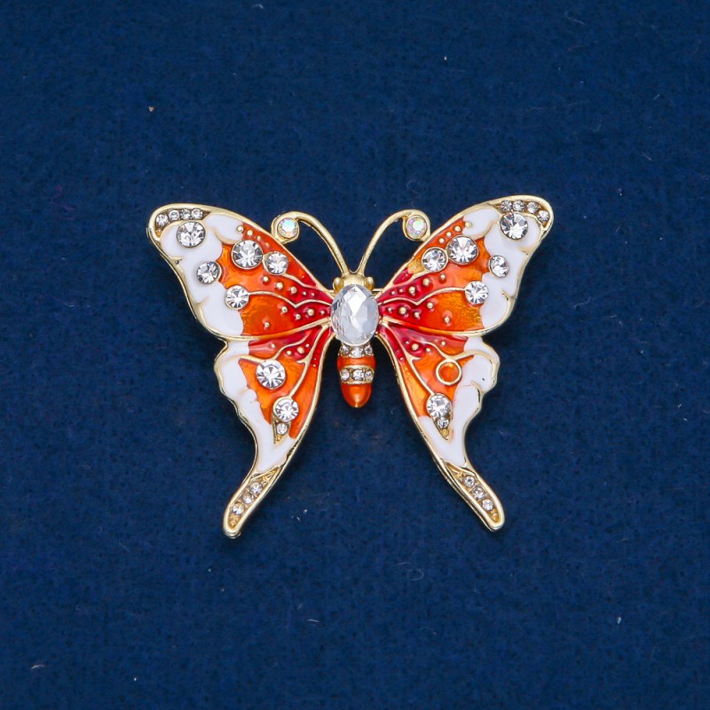 Sale! Butterfly Brooch Gold-Tone Metal, Enamel and White Rhinestones 43x52mm +