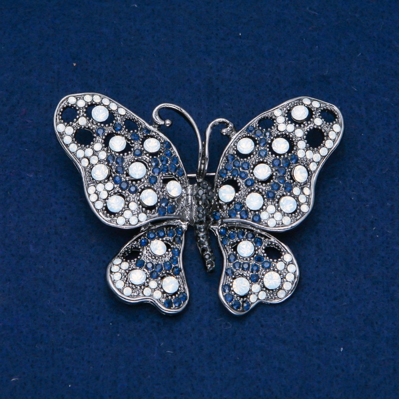 Sale! Butterfly Brooch Dark Silver-Tone Metal, Black, Blue and White Rhinestones 50x66mm +