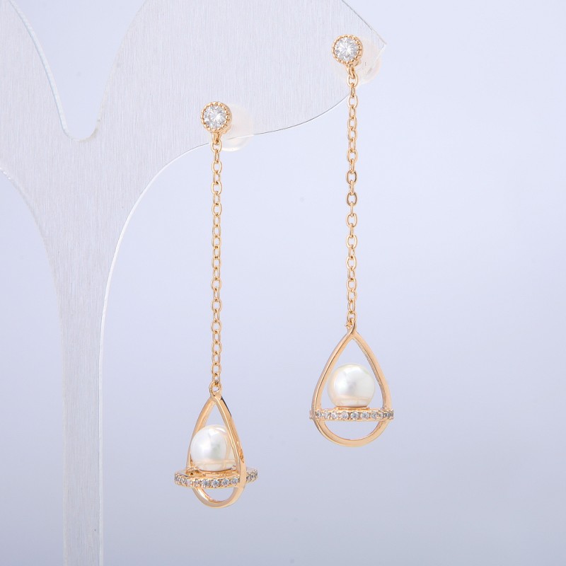 Xuping Stud Earrings, 18K Gold Plated, with White Rhinestones and Bead, diameter 10.5mm +/-, length 50mm+