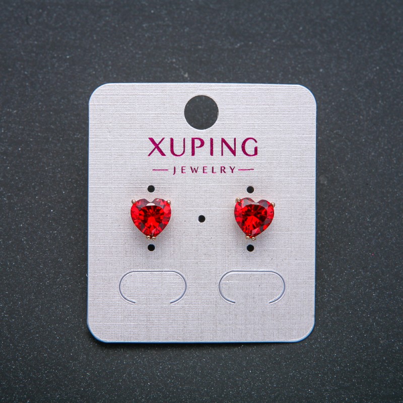 Xuping Heart Earrings, Stud Earrings, 18K Gold Plated with Red Crystal, diameter 8mm+