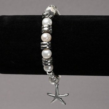 Bracelet on Elastic Band with River Pearls, Silver-Tone Inserts and Charms, diameter 8mm+/-, length 18cm+