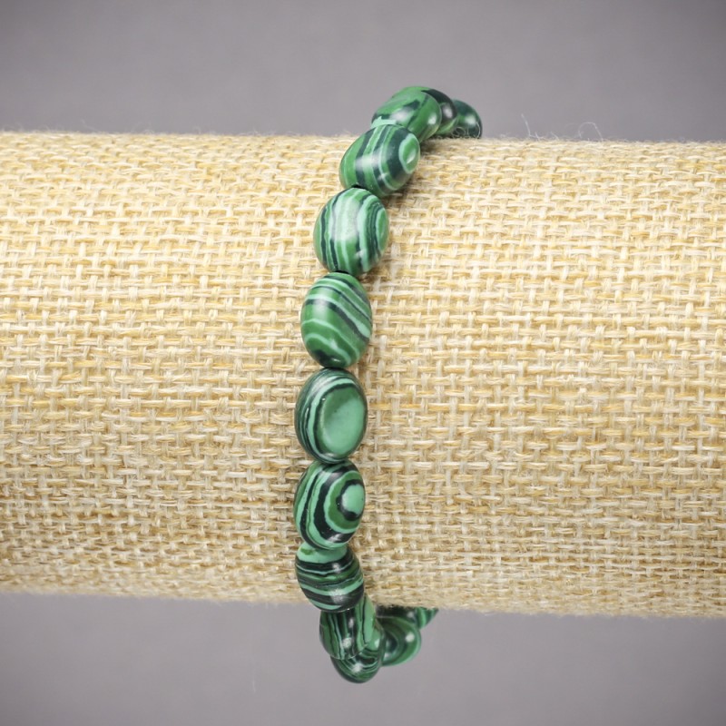 Bracelet on Elastic Band, Reconstituted Malachite Smooth Oval, diameter 10x8mm+/-, length 18cm+