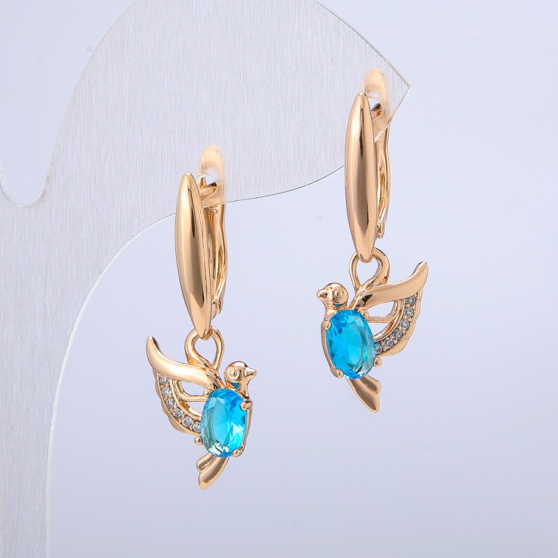 Xuping Bird Earrings 18K Gold Plated with White Rhinestones and Light Blue Crystals, diameter 32x12mm +