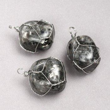 Larvikite Pendant in Silver-Tone Wire Wrap, 35x20mm+ Diameter