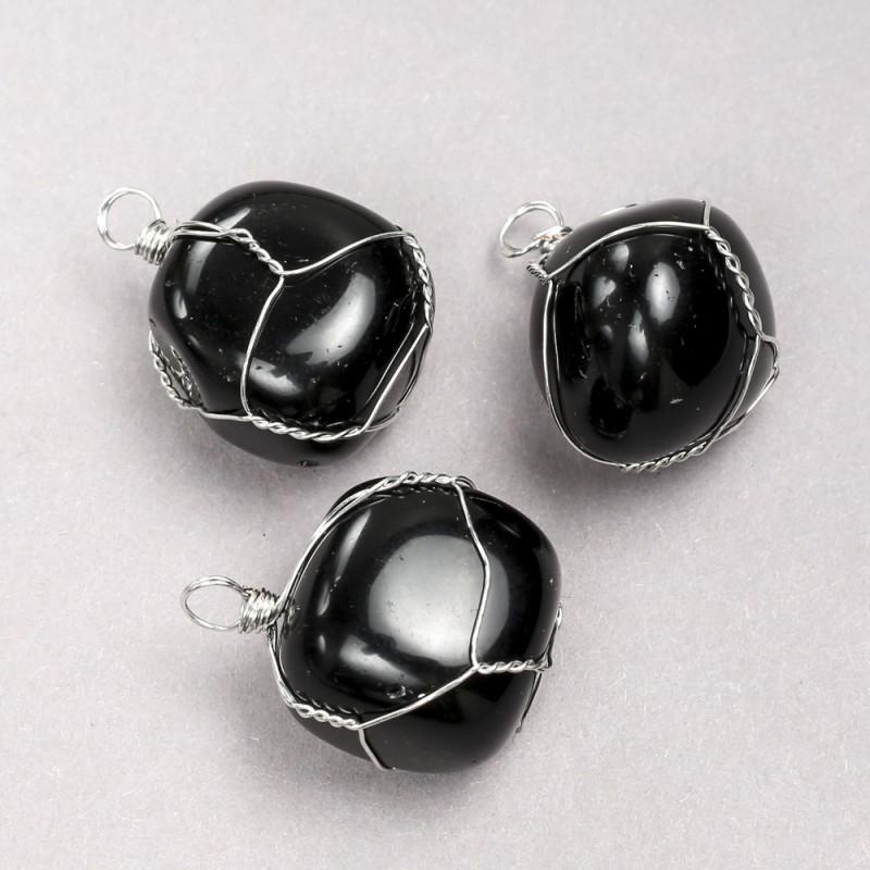 Pendant in Silver-Tone Wire Wrap with Natural Black Onyx, 35x20mm+ Diameter