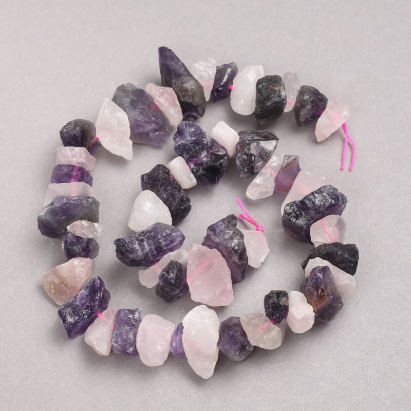 Rose Quartz and Amethyst Raw Stone Beads on a Strand, Tumbled, Diameter 12x20mm+-, Length 42cm+