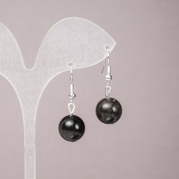 Silver Obsidian Earrings, Smooth Round Beads, 12mm+/- Diameter, 33mm+ Length