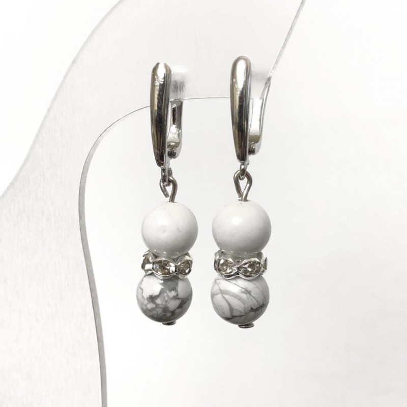 Earrings made of natural Cacholong, smooth round beads, diameter 8mm+/- with white rhinestones, length 40mm+