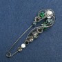 Pin Brooch, silver-tone metal, white, green, and gray rhinestones, 90x17mm+