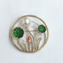 Sale! Plant Brooch with Enamel, White Rhinestones and a Bead, Gold-Tone Metal, 47mm+