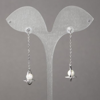Earrings Xuping Rhodium with White Rhinestones and Pearls 15x11mm + -, length 50mm + -, thickness 1.1mm +