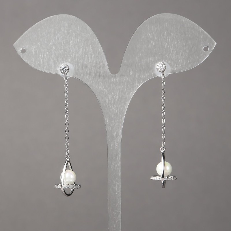Earrings Xuping Rhodium with White Rhinestones and Pearls 15x11mm + -, length 50mm + -, thickness 1.1mm +