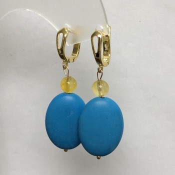 Blue Turquoise Earrings, Oval 18x25mm+-, and Citrine Smooth Round Bead 8mm+-, Length 50mm+