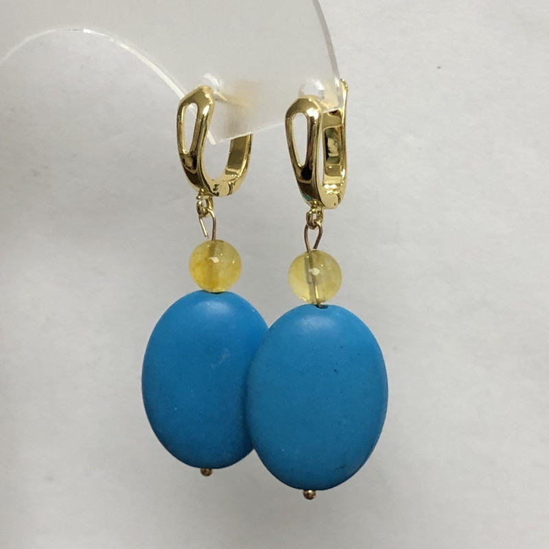 Blue Turquoise Earrings, Oval 18x25mm+-, and Citrine Smooth Round Bead 8mm+-, Length 50mm+