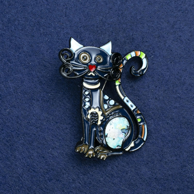 Sale! Cat Brooch in Silver-Tone Metal with Enamel 47x37 mm +