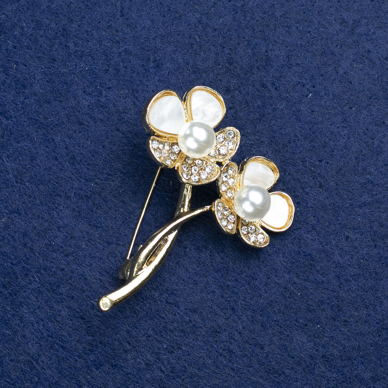 Clearance! Flower Brooch with Golden Metal, Mother-of-Pearl, Rhinestones and Beads 44x35mm +
