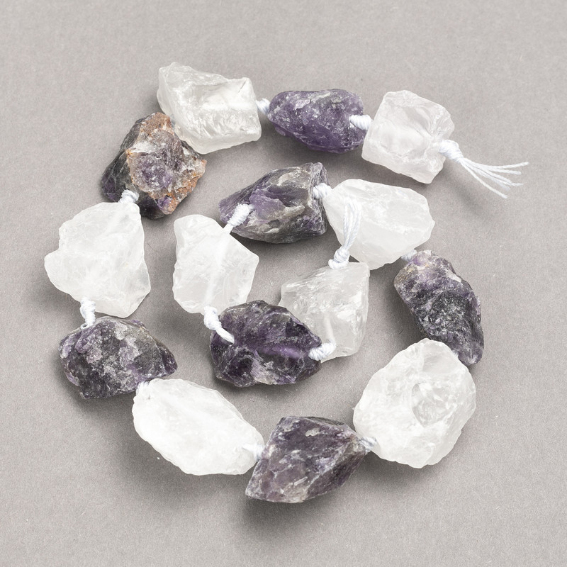 Unprocessed Stone Beads Assorted Amethyst + Mountain Quartz on a Thread Nugget Beads, diameter 20×25(±)mm, length 42cm