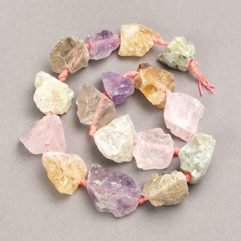 Unpolished Stone Beads Assorted Pink Quartz + Citrine + Prenite, on a Thread Strand, drilled 20×25mm (±), length 42cm