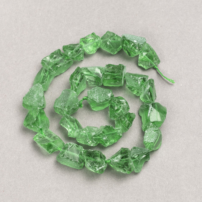 Unpolished Green Quartz Beads on Thread, faceted nugget, diameter 13×10 mm (±), thread length 41 cm