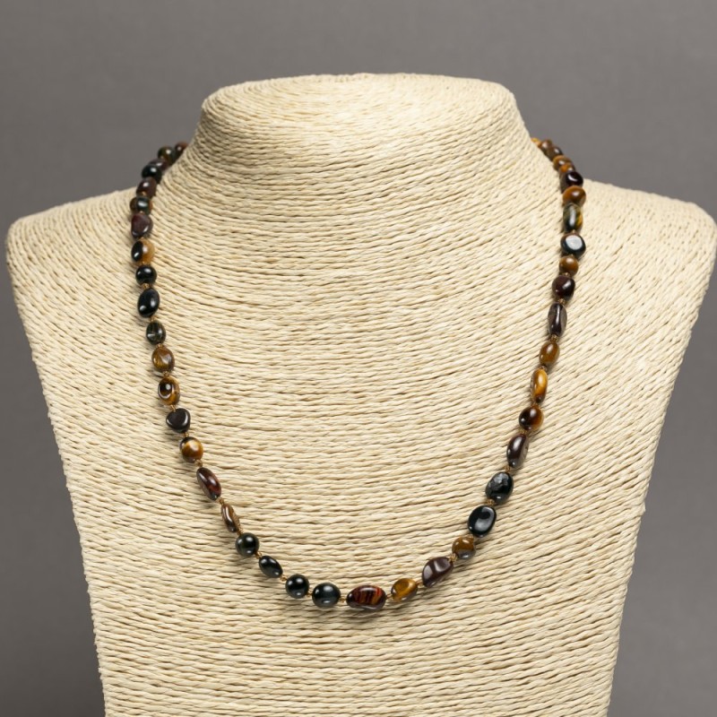 Necklace made of natural stones Tiger's Eye, Hawk's Eye, and Bull's Eye, faceted, 8×6 mm, length 45 cm