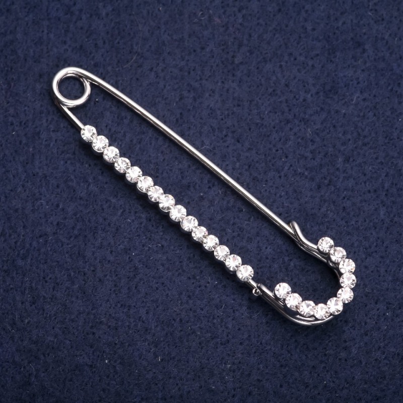 Brooch pin with white rhinestones 70x15mm silver metal
