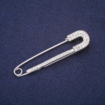 Brooch hairpin with white crystals 72x18mm silver metal