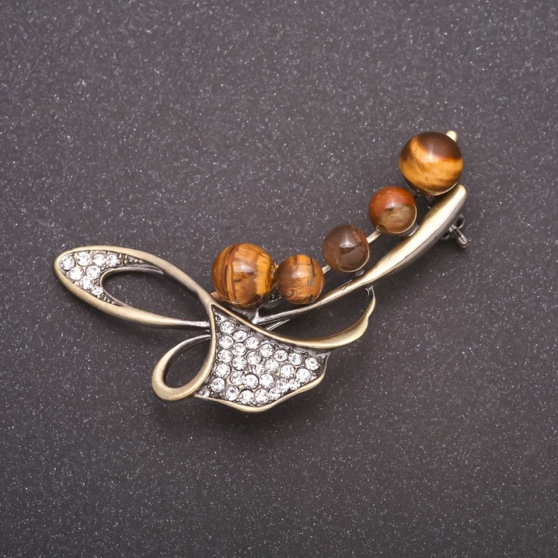 Brooch with Tiger's Eye Stone - Twig Branch, Bronze Color, 58x36mm