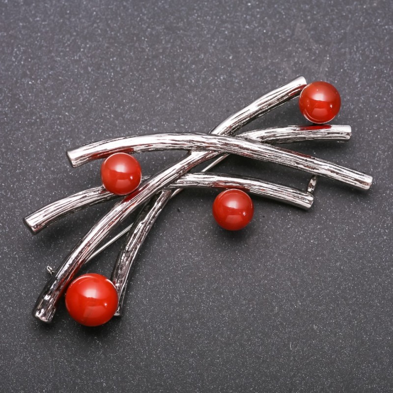 Brooch Accent with Carnelian, Gray Metal 70x32mm