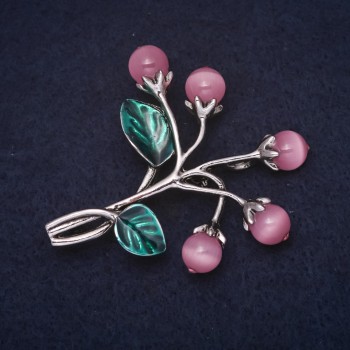 Brooch 'Berry Berries' Cat's Eye 48x55mm, enamel, pink-green, silver metal