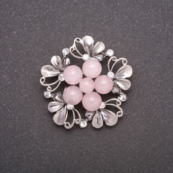 Brooch with natural stone Rose Quartz Boutonnière metal color gray 40mm