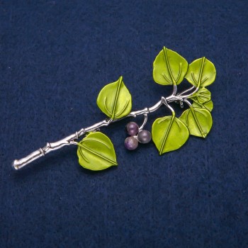 Brooch 'Berries on a Branch' with Amethyst and Green Enamel, Silver-Colored Metal 38x83mm