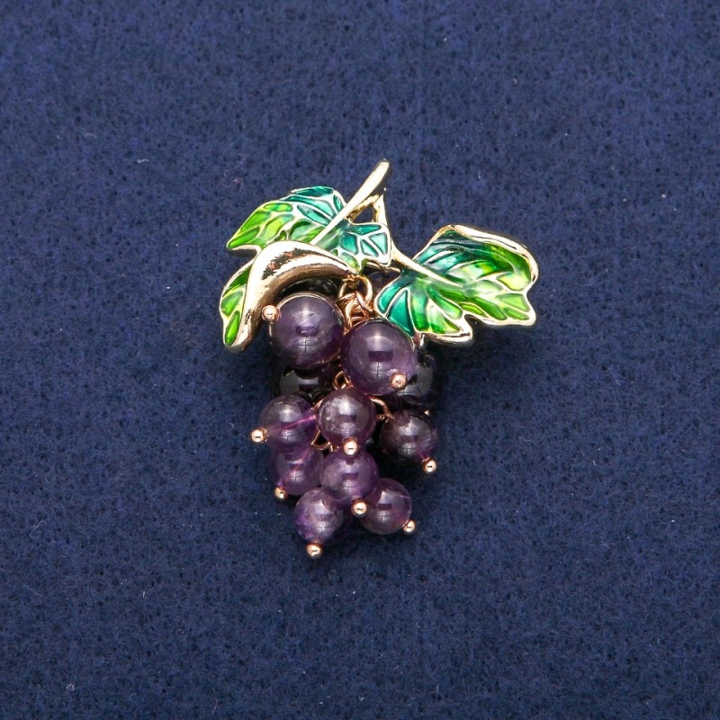 Brooch Pendant Grapes with Amethyst Beads and Green Enamel, Golden Metal 35×45mm