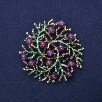 Brooch pendant "Little branches" with natural stone Amethyst, green enamel, gold-toned metal 60mm