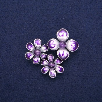 Brooch Pendant Flowers with Amethyst and Purple Enamel, Silver Metal 36x46mm