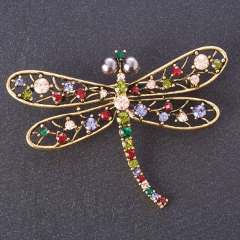 Brooch "Bombay Dragonfly" insect series, multicolored rhinestones, metal color "gold" 7x5cm