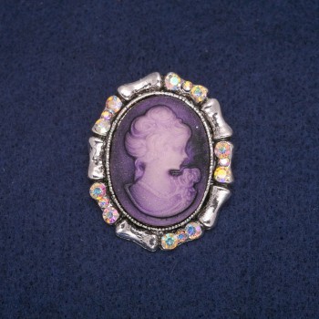 Cameo Brooch with Rainbow Rhinestones, Silver Metal 33×40mm