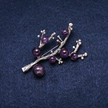 Brooch with natural Amethyst stone 58x45mm purple color silver metal