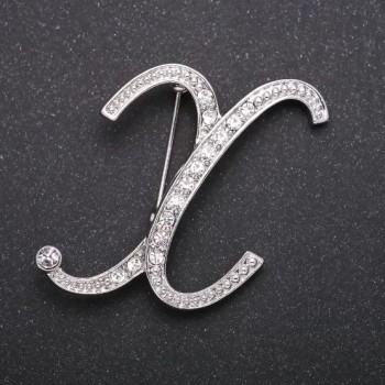 Brooch Initial H Letter with White Crystals, Gray Metal 43x38mm
