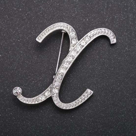 Brooch Initial H Letter with White Crystals, Gray Metal 43x38mm