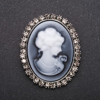 Cameo Brooch with Rhinestones "Satin" metal color "gray" 50x40mm