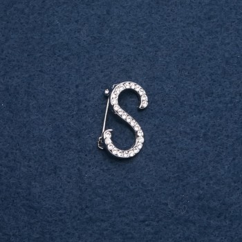 Brooch with initial letter "S" 28x17mm metal color "silver"